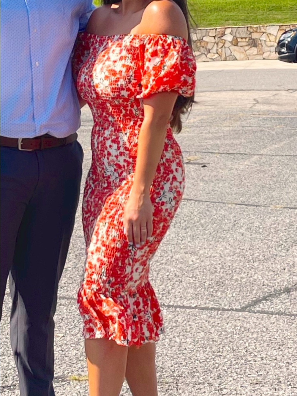 Hello Molly Red Floral Off-Shoulder Smocked Midi Dress